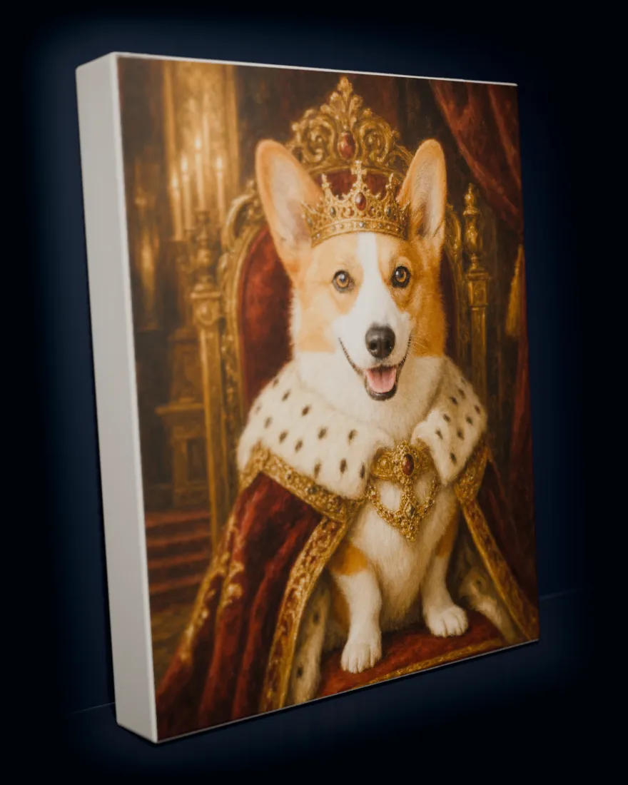 A corgi painted as a crowned monarch, printed as a gallery-wrapped canvas