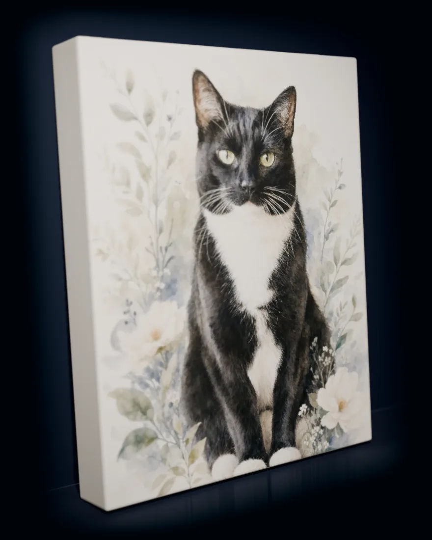 A black-and-white cat painted in soft watercolor, printed as a gallery-wrapped canvas