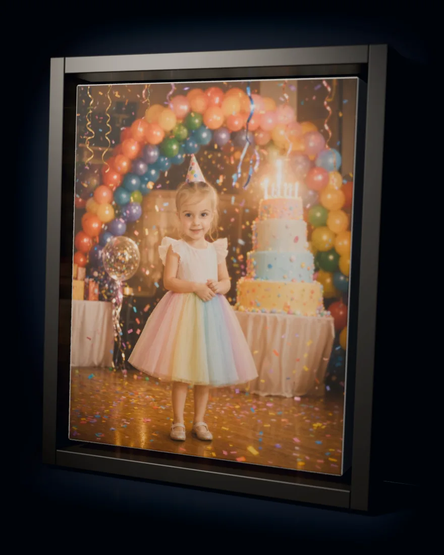 Birthday Bash printed as a framed canvas in a black floating frame