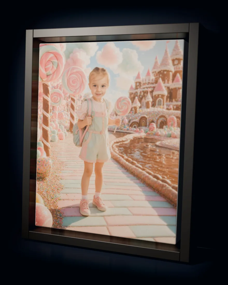Candy Kingdom printed as a framed canvas in a black floating frame