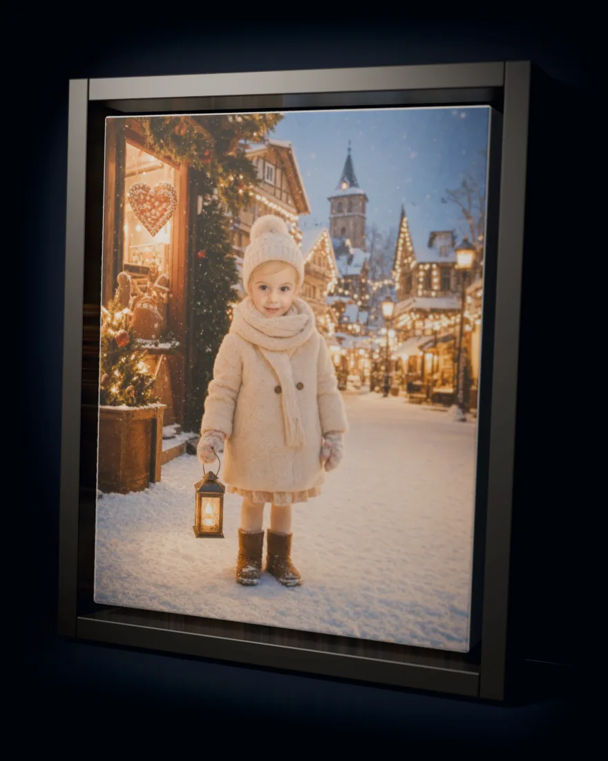 Christmas Village printed as a framed canvas in a black floating frame