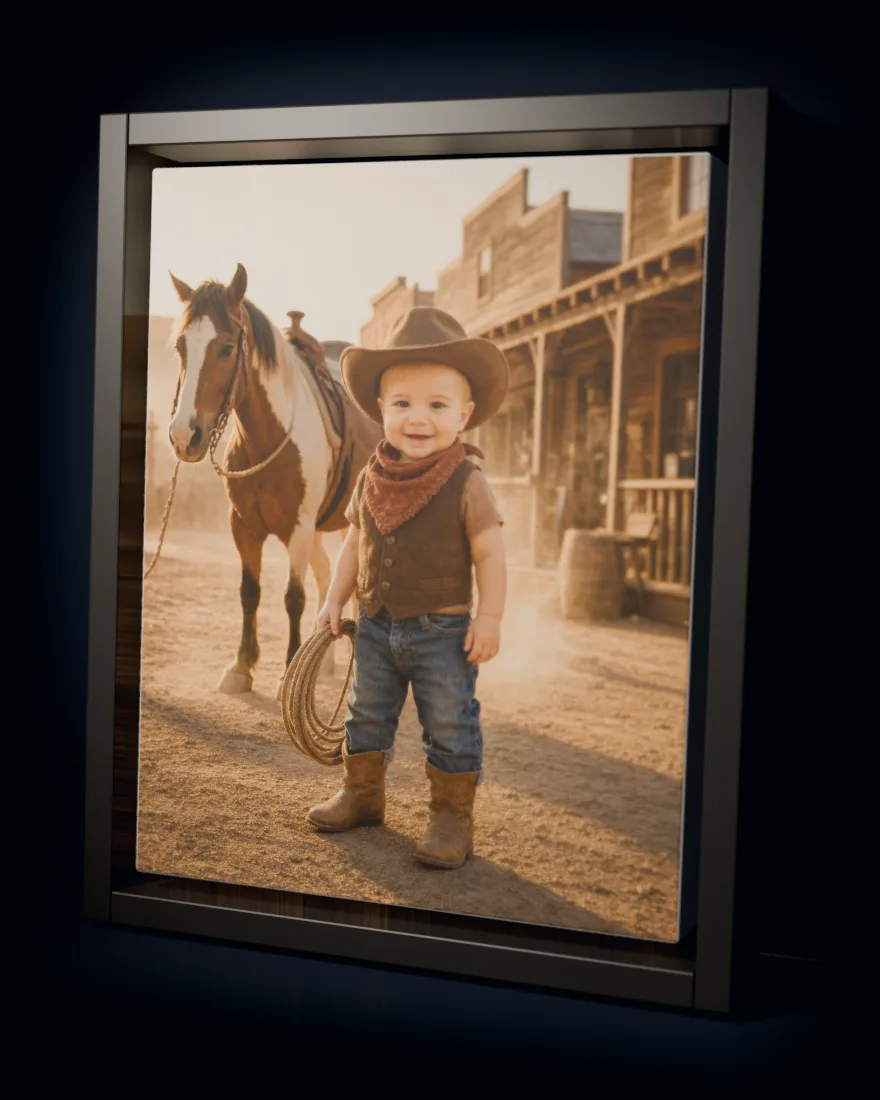 Wild West Cowboy printed as a framed canvas in a black floating frame