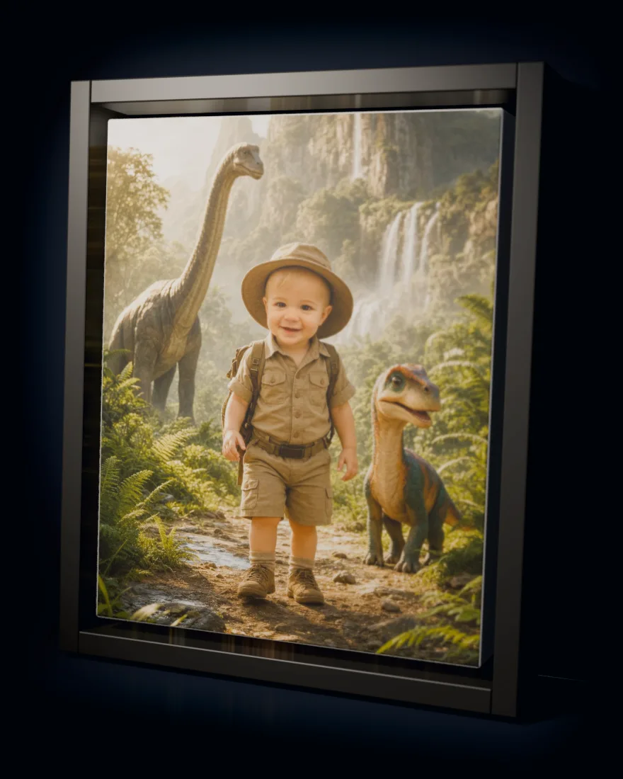 Dino Expedition printed as a framed canvas in a black floating frame
