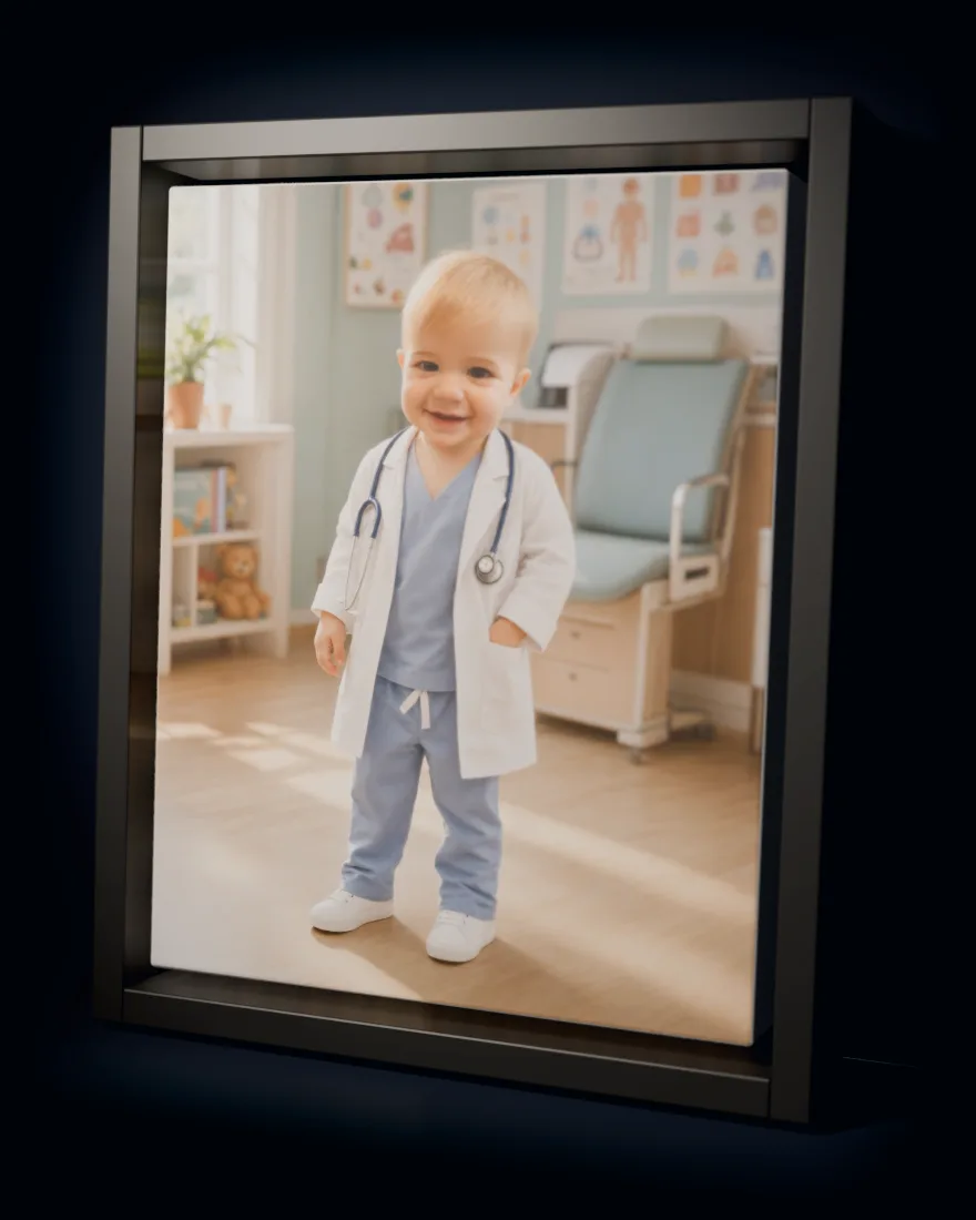 Little Doctor printed as a framed canvas in a black floating frame
