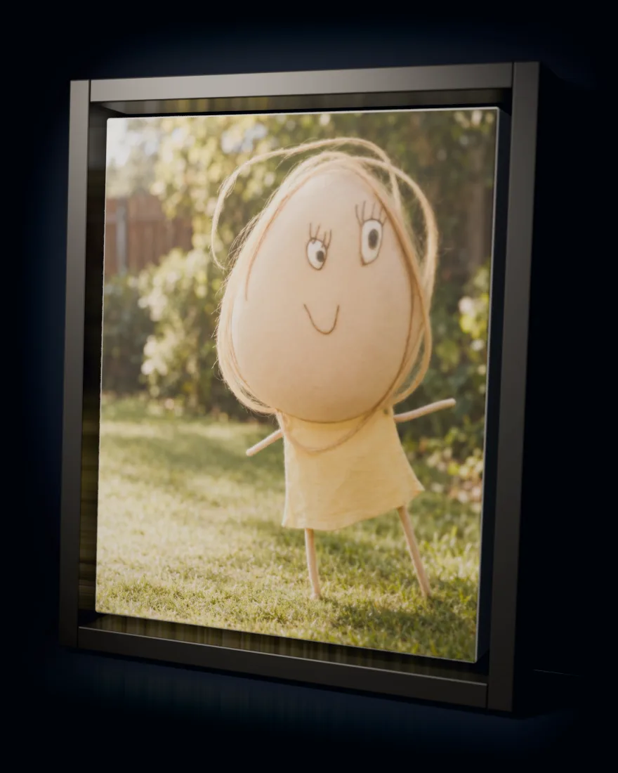 Children’s drawings made real, one after another, printed as a framed canvas in a black floating frame