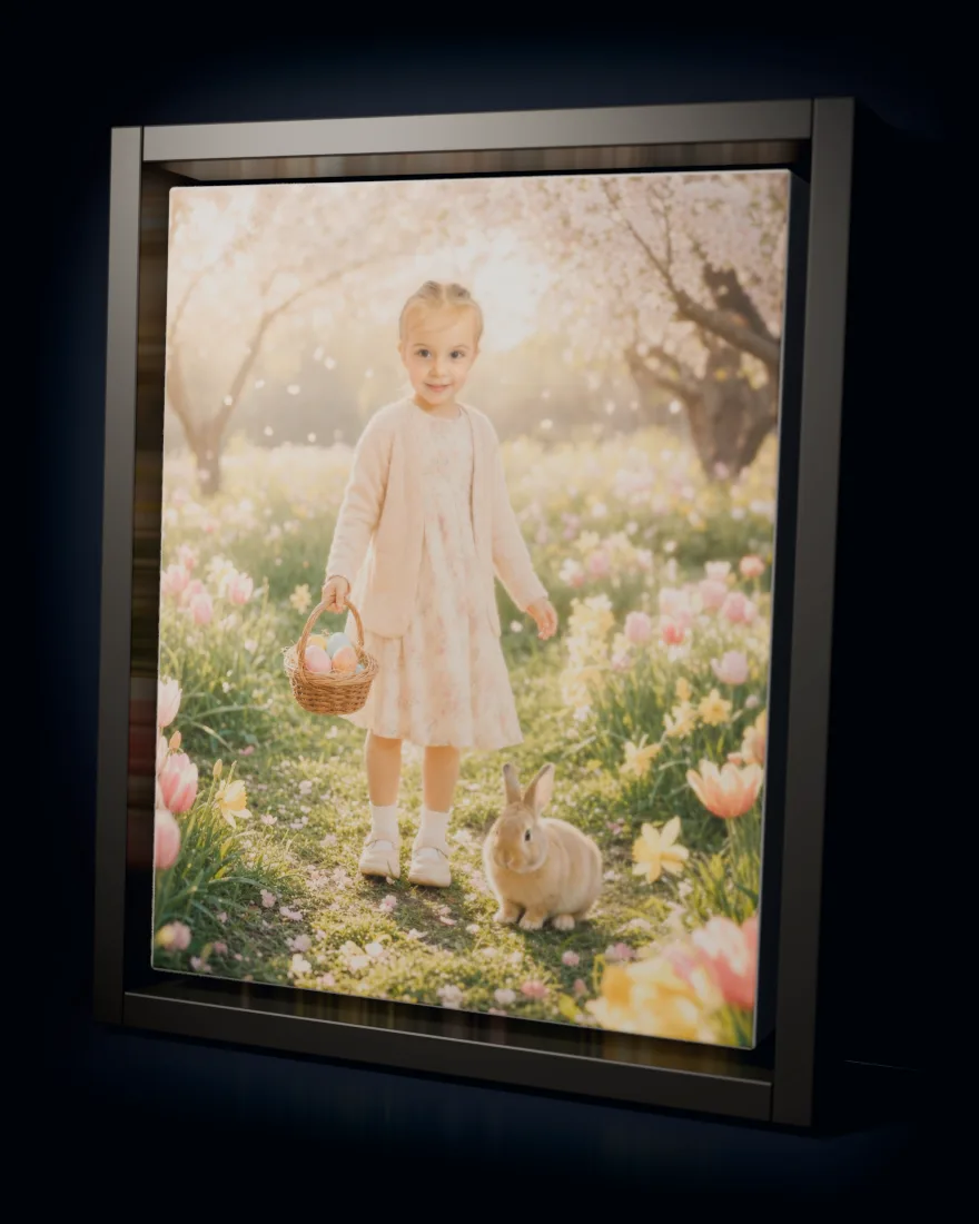 Easter Meadow printed as a framed canvas in a black floating frame