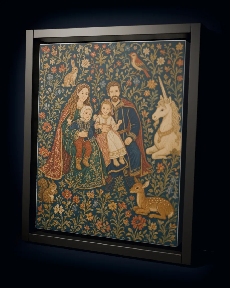 A family of four woven into a medieval tapestry with a unicorn, printed as a framed canvas