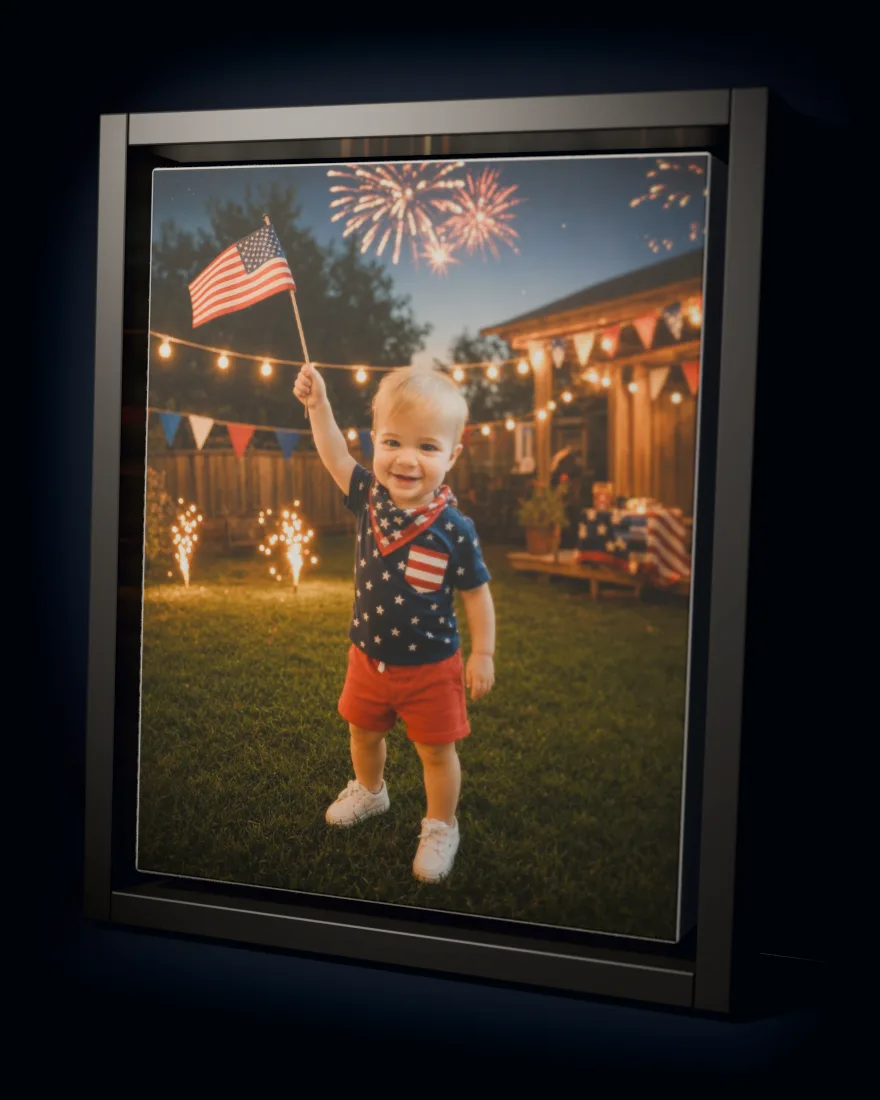 Fourth of July printed as a framed canvas in a black floating frame