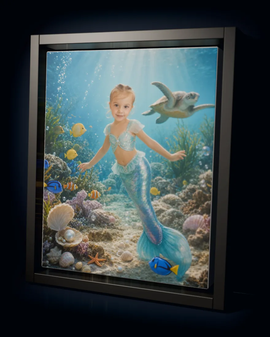 Mermaid Lagoon printed as a framed canvas in a black floating frame