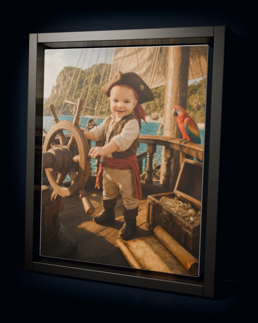 Pirate Cove printed as a framed canvas in a black floating frame