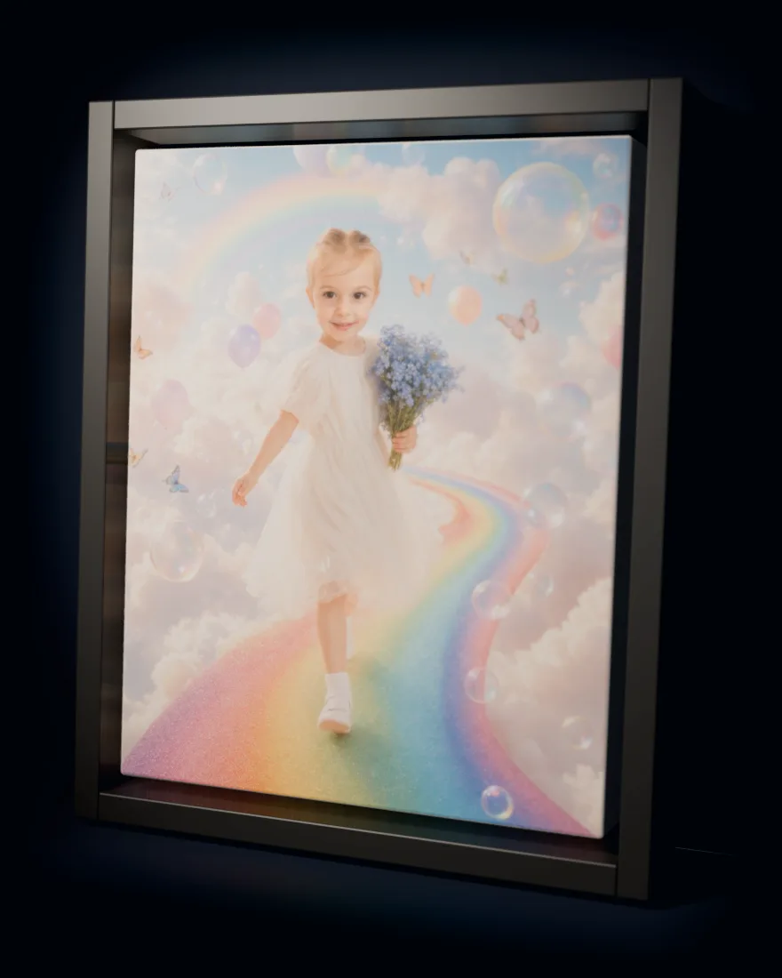 Rainbow Dreamland printed as a framed canvas in a black floating frame