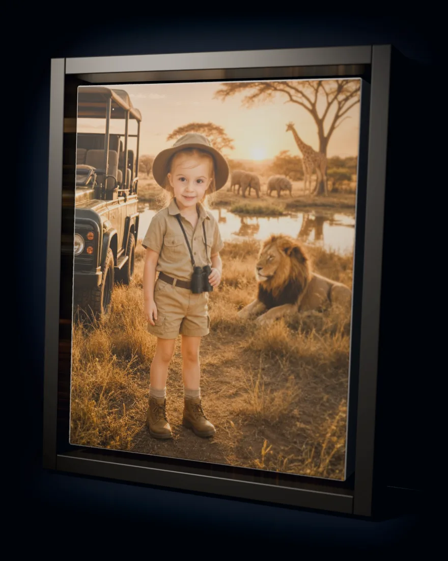 Jungle Safari printed as a framed canvas in a black floating frame