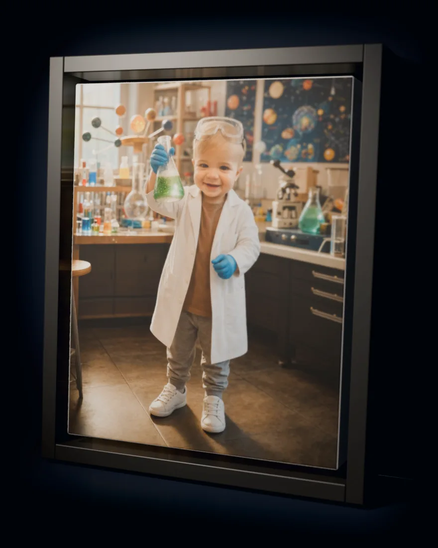 Super Scientist printed as a framed canvas in a black floating frame