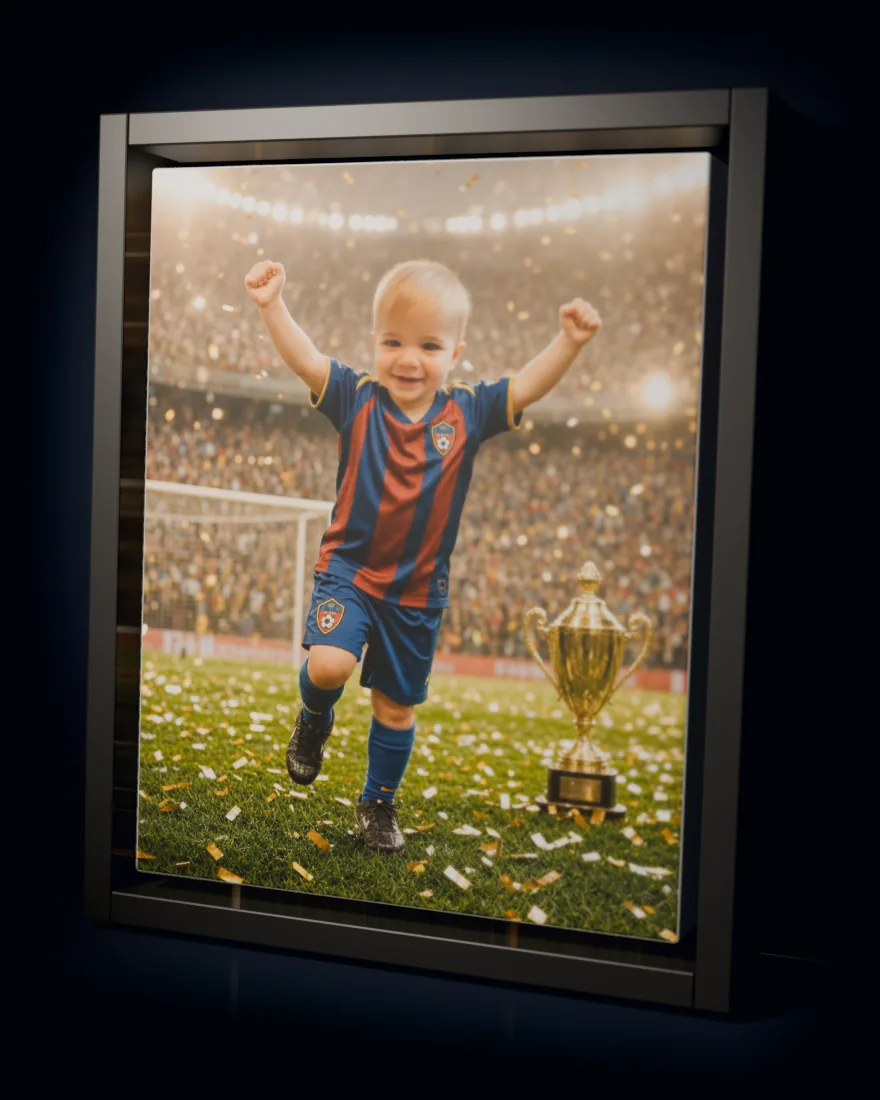 Soccer Star printed as a framed canvas in a black floating frame