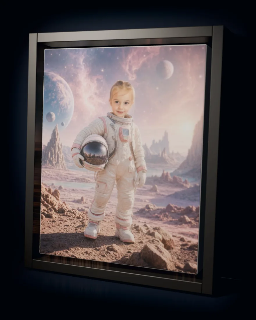 Space Explorer printed as a framed canvas in a black floating frame