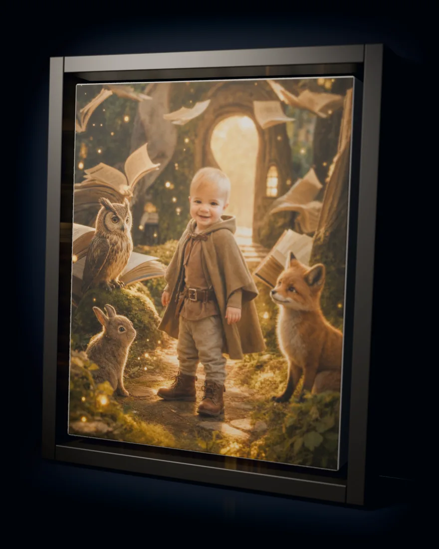 Storybook Land printed as a framed canvas in a black floating frame