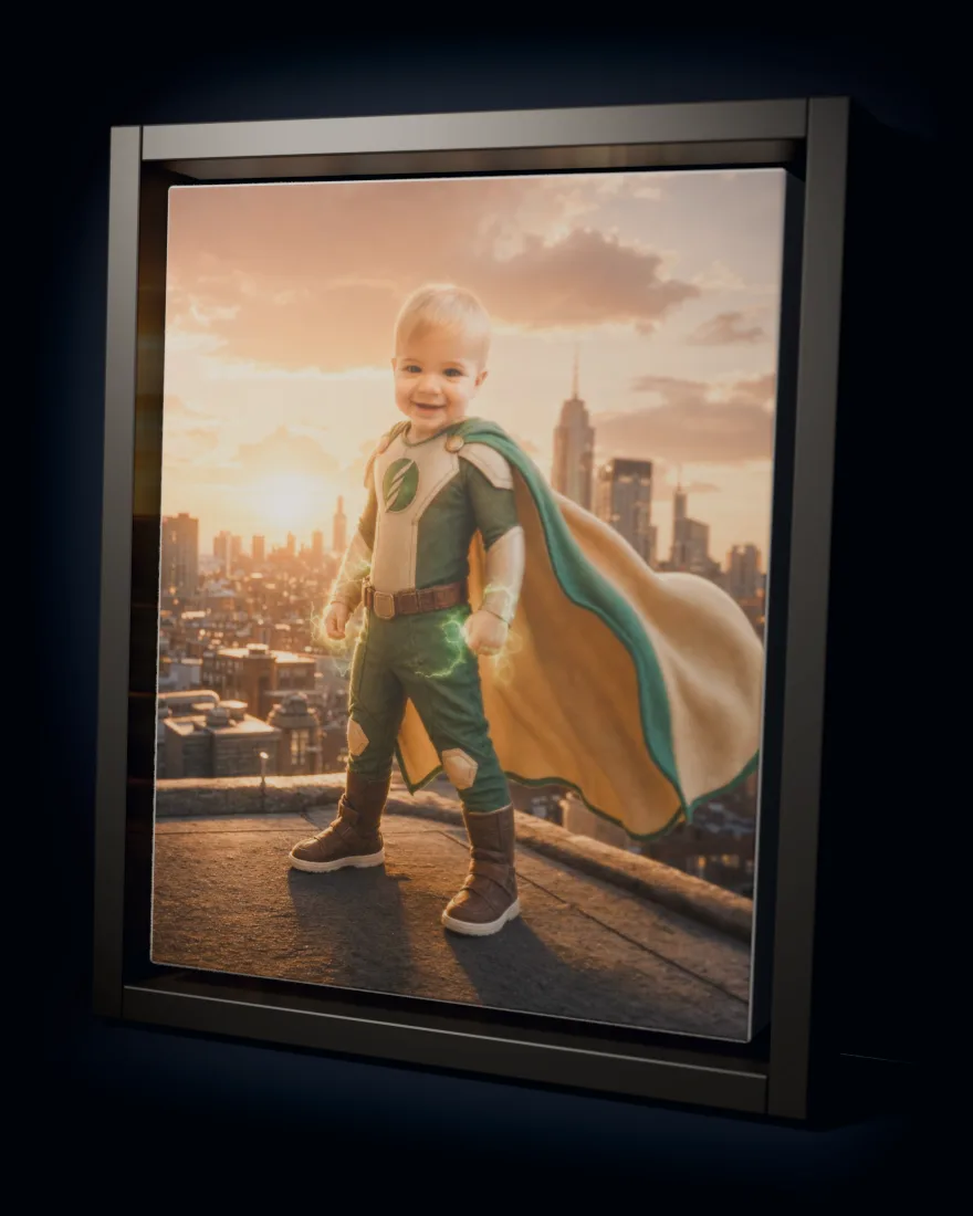 Superhero City printed as a framed canvas in a black floating frame