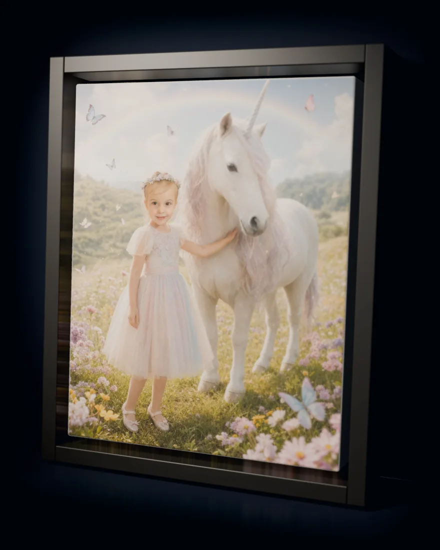 Unicorn Meadow printed as a framed canvas in a black floating frame