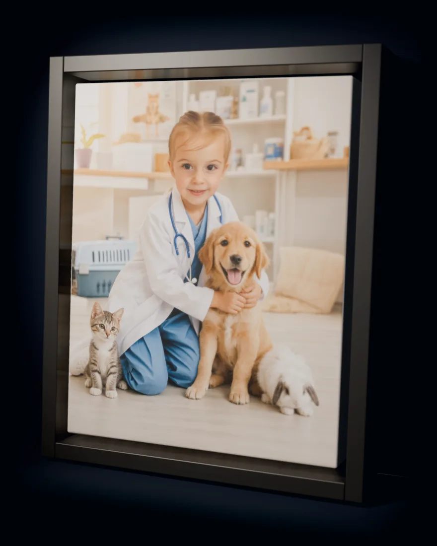 Pet Vet printed as a framed canvas in a black floating frame