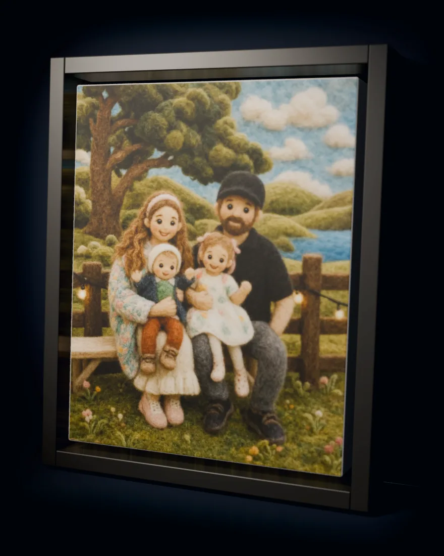 A family portrait in needle-felted wool, printed as a framed canvas in a black floating frame