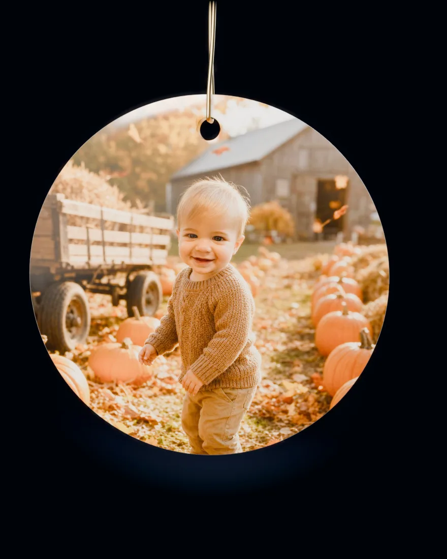 Autumn Harvest printed on a round ceramic Christmas ornament