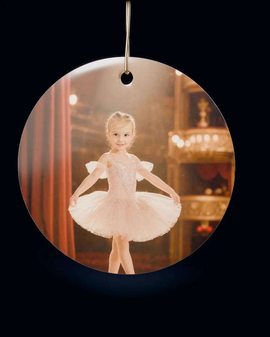 Prima Ballerina printed on a round ceramic Christmas ornament