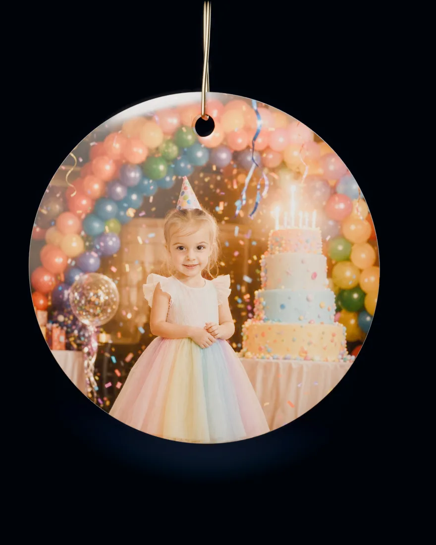 Birthday Bash printed on a round ceramic Christmas ornament