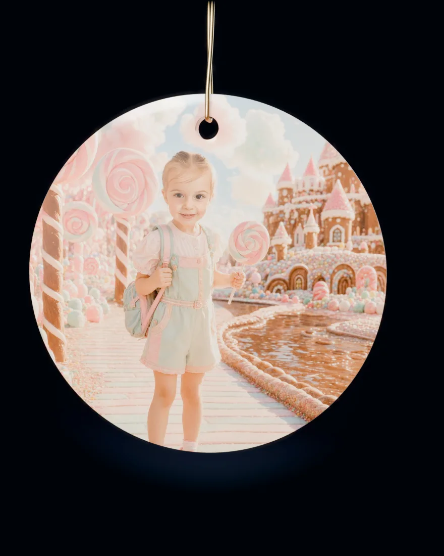 Candy Kingdom printed on a round ceramic Christmas ornament
