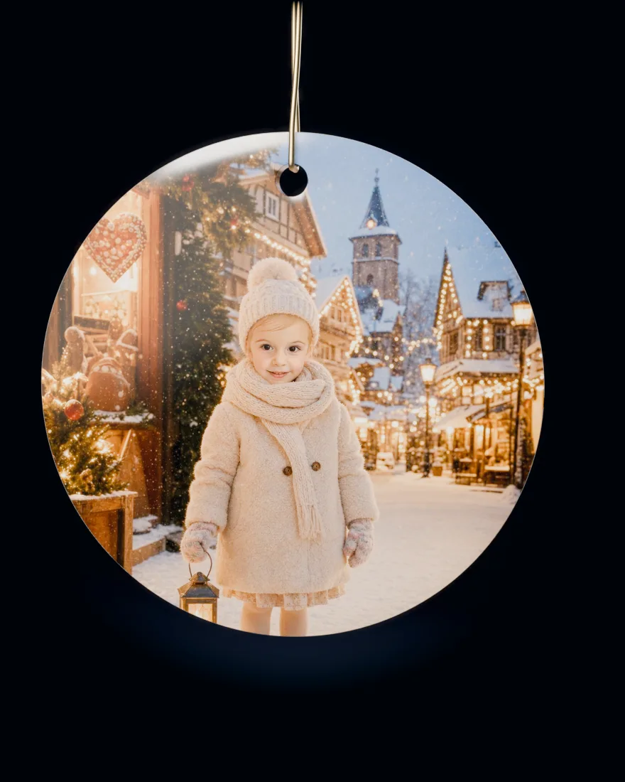 Christmas Village printed on a round ceramic Christmas ornament