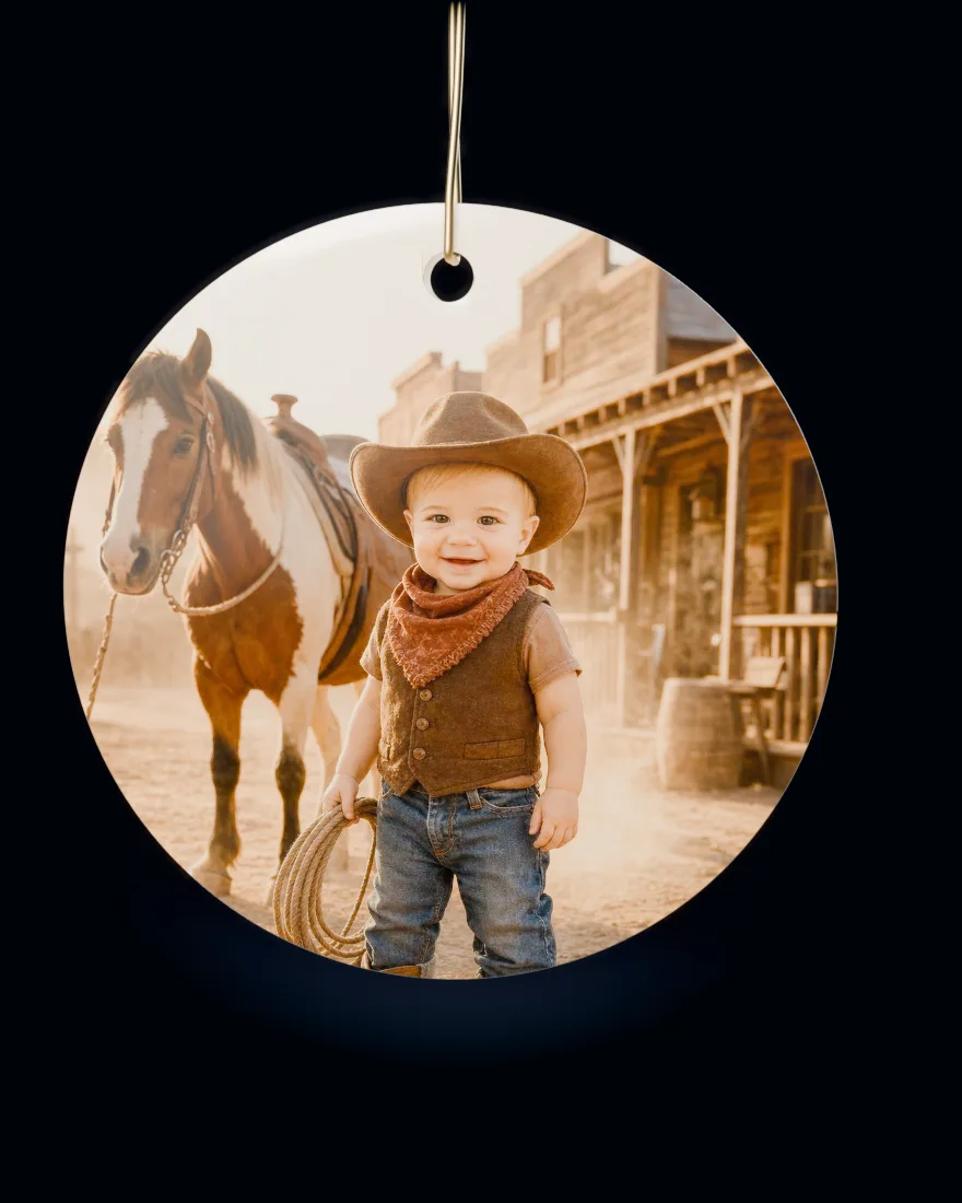 Wild West Cowboy printed on a round ceramic Christmas ornament