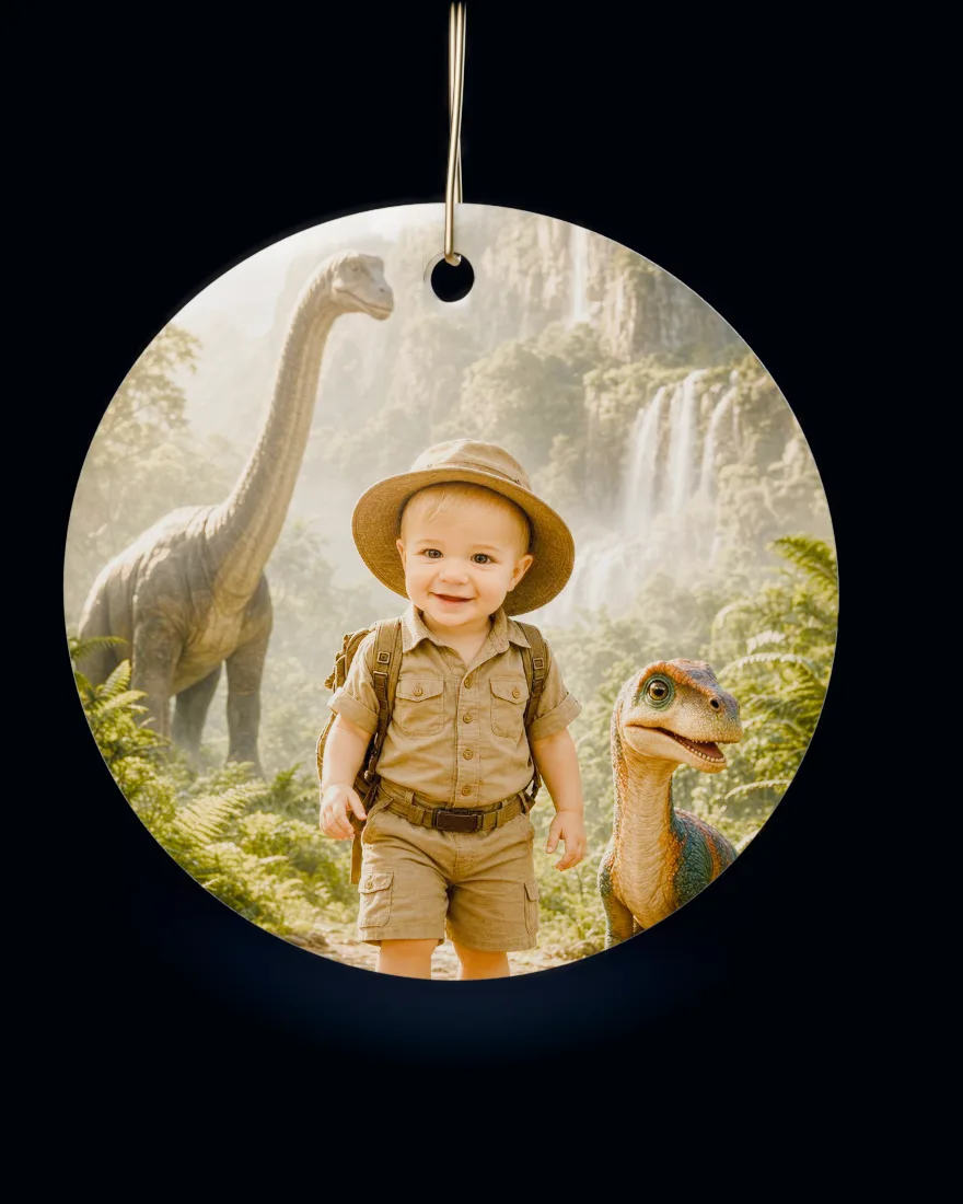 Dino Expedition printed on a round ceramic Christmas ornament