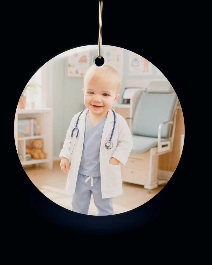 Little Doctor printed on a round ceramic Christmas ornament