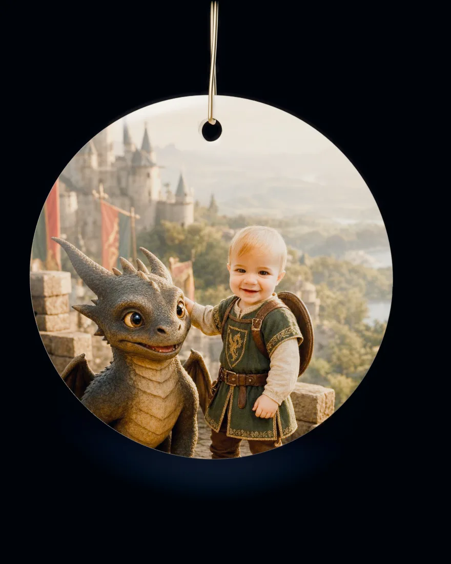Dragon Kingdom printed on a round ceramic Christmas ornament