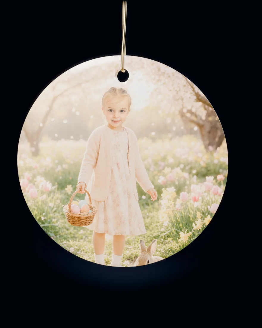Easter Meadow printed on a round ceramic Christmas ornament