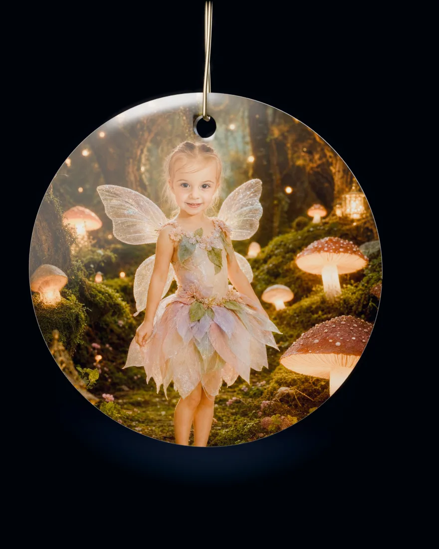 Fairy Forest printed on a round ceramic Christmas ornament