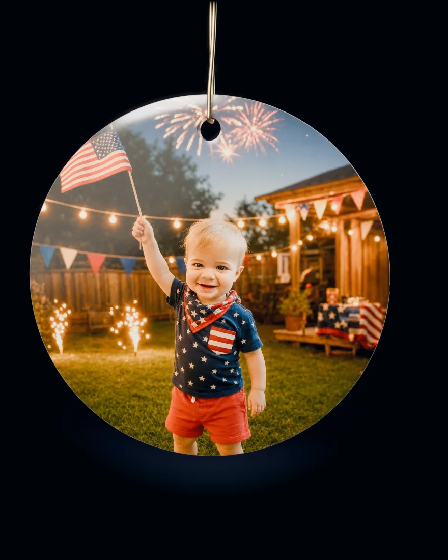 Fourth of July printed on a round ceramic Christmas ornament