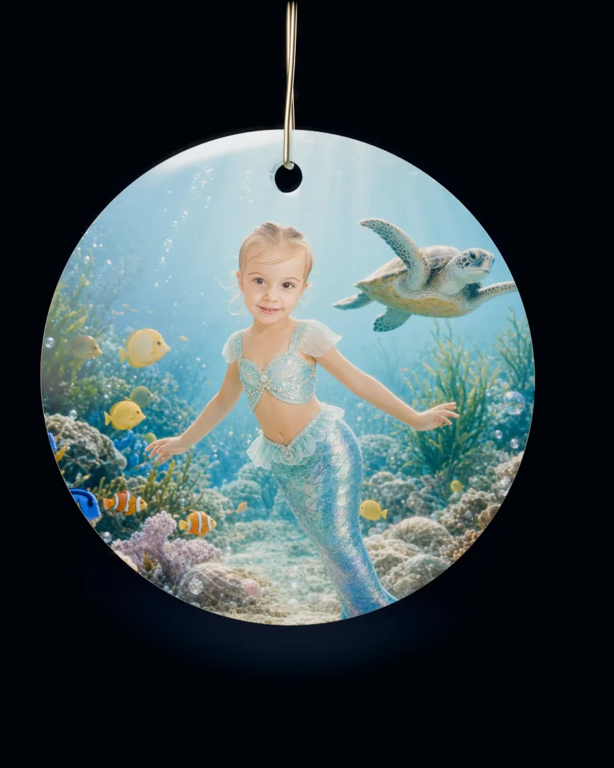 Mermaid Lagoon printed on a round ceramic Christmas ornament