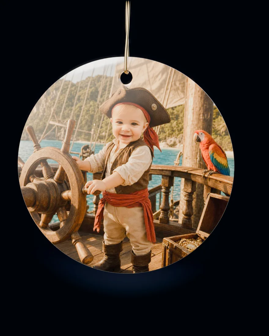 Pirate Cove printed on a round ceramic Christmas ornament