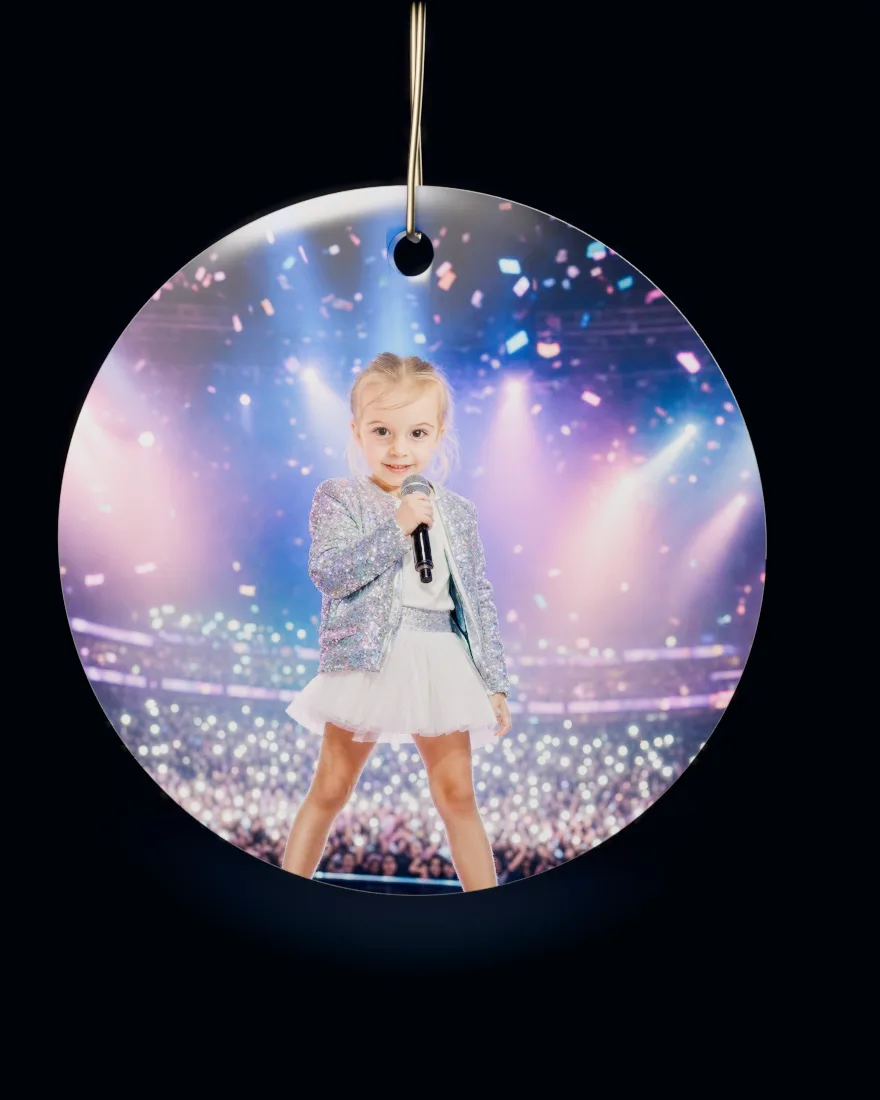 Pop Star printed on a round ceramic Christmas ornament