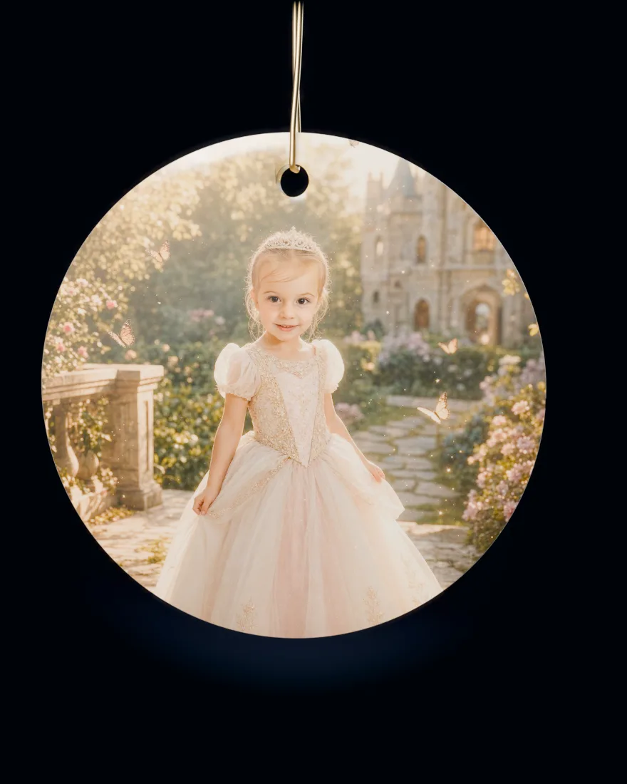 Princess Kingdom printed on a round ceramic Christmas ornament
