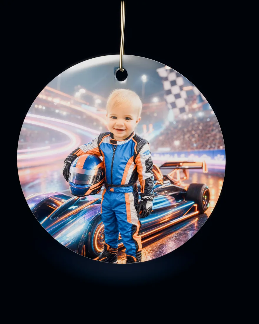 Victory Lane printed on a round ceramic Christmas ornament