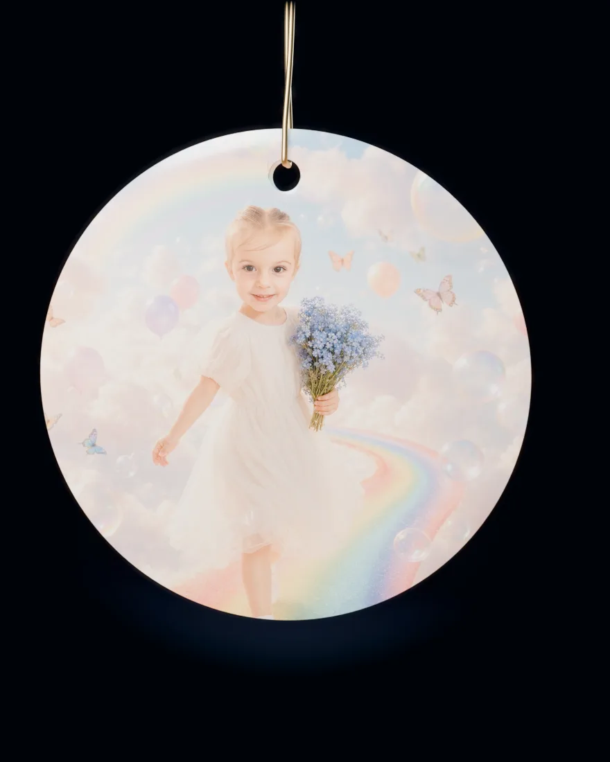 Rainbow Dreamland printed on a round ceramic Christmas ornament