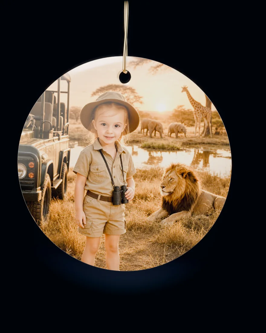 Jungle Safari printed on a round ceramic Christmas ornament