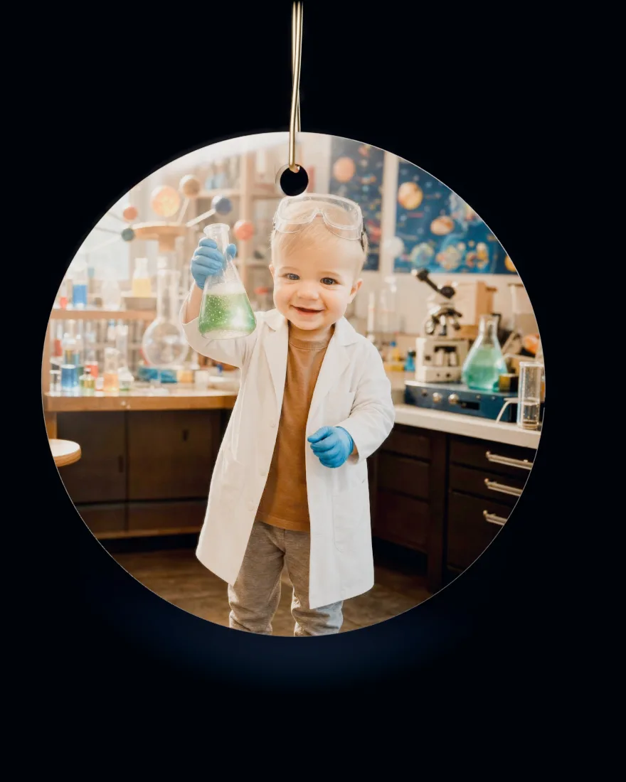 Super Scientist printed on a round ceramic Christmas ornament