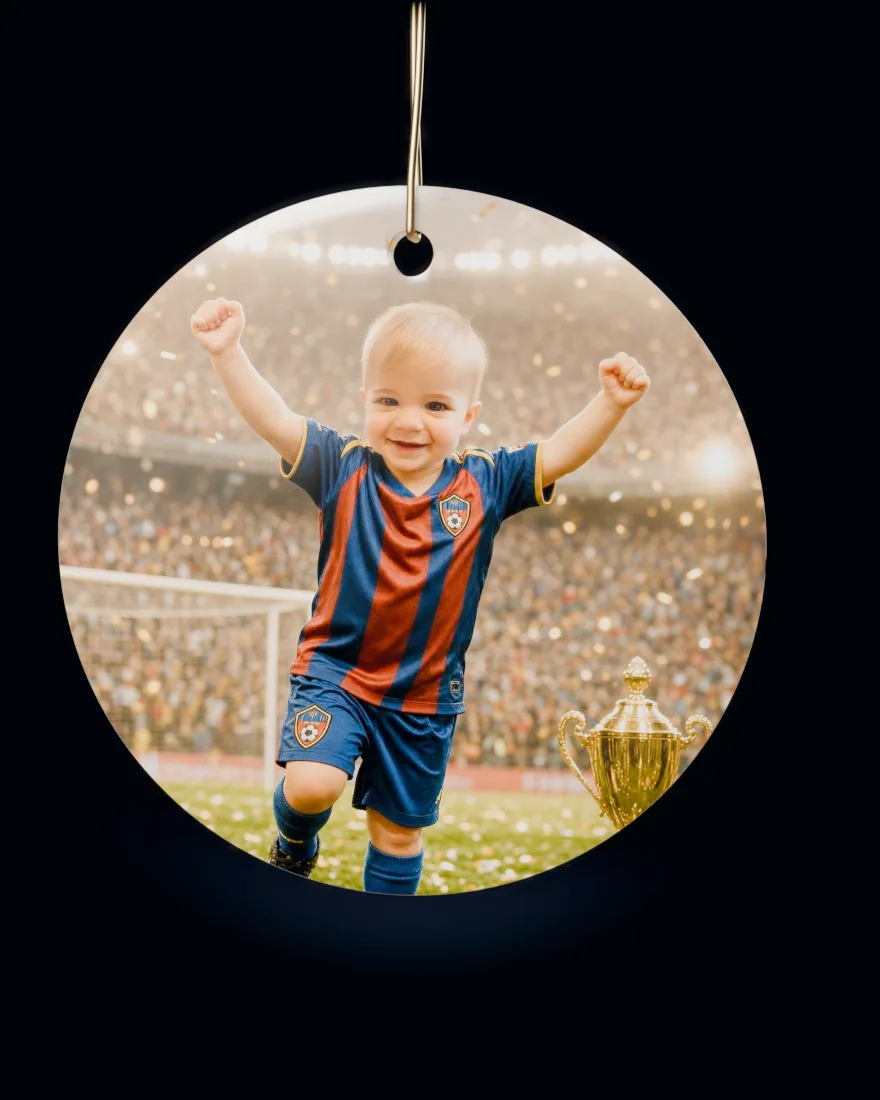 Soccer Star printed on a round ceramic Christmas ornament