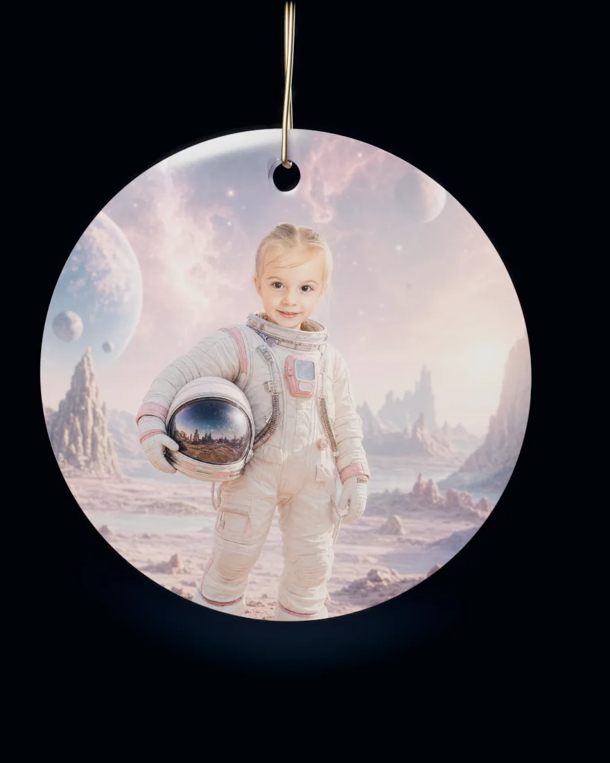 Space Explorer printed on a round ceramic Christmas ornament