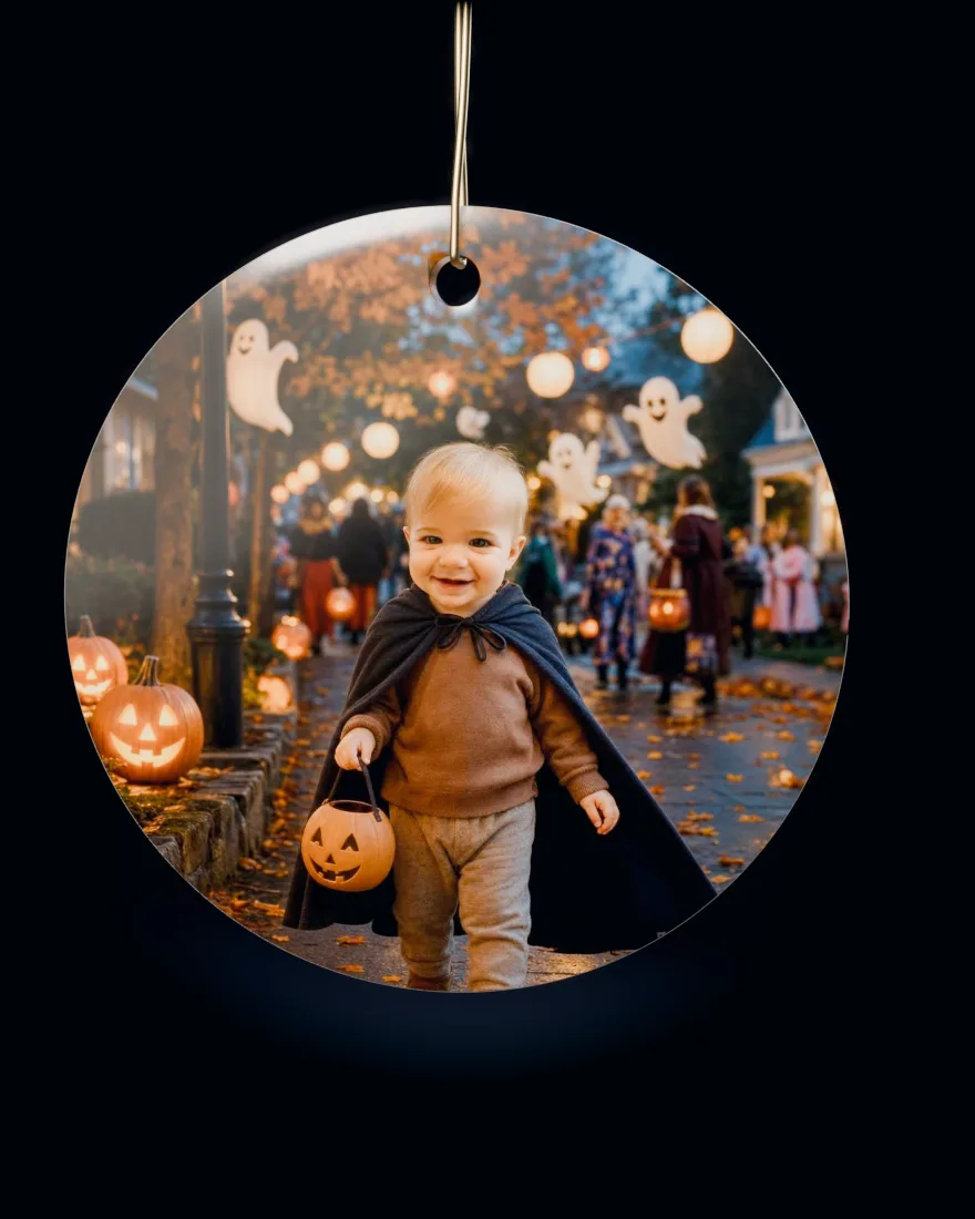 Spooky Night printed on a round ceramic Christmas ornament