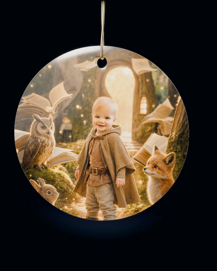 Storybook Land printed on a round ceramic Christmas ornament