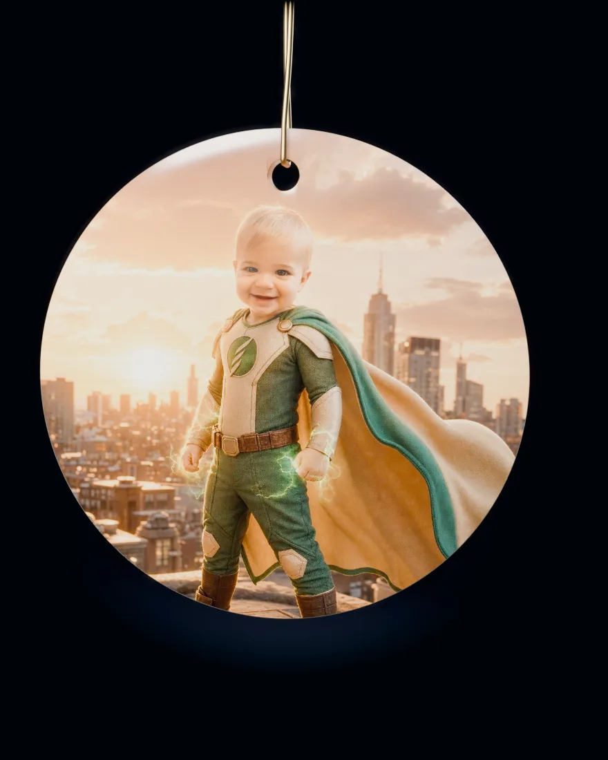 Superhero City printed on a round ceramic Christmas ornament