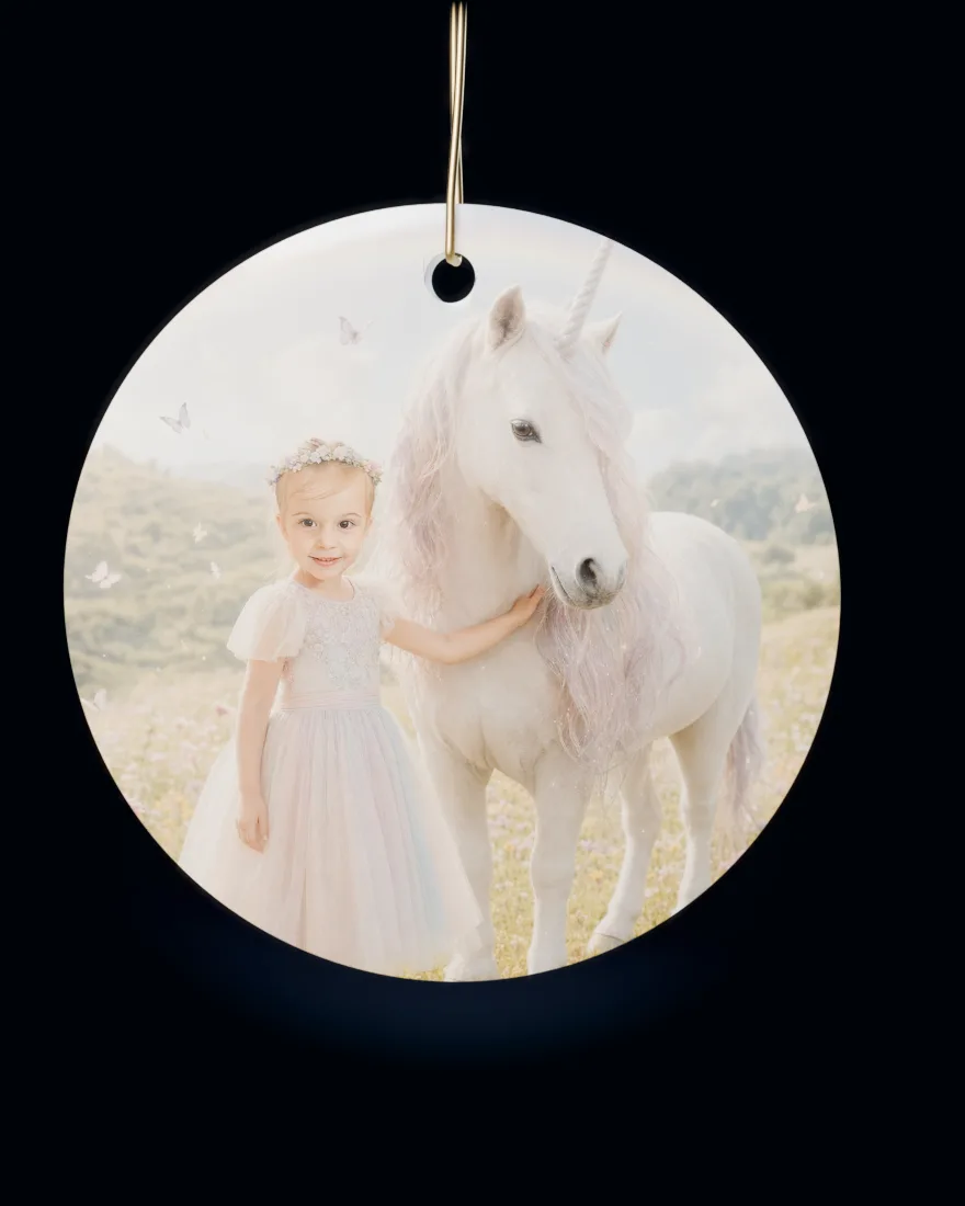 Unicorn Meadow printed on a round ceramic Christmas ornament